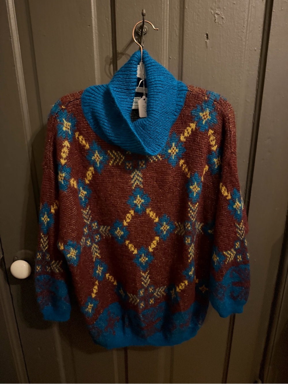 Blue Accent Brown Patterned Turtleneck Sweater
